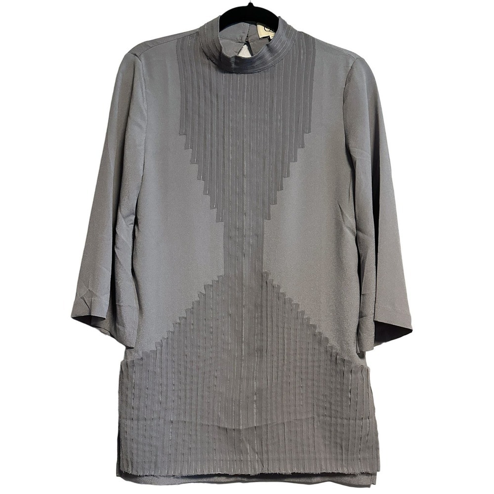 Qi Quinn Mock Neck Raw Edge Embellished Gray Tunic Blouse Top Size XS